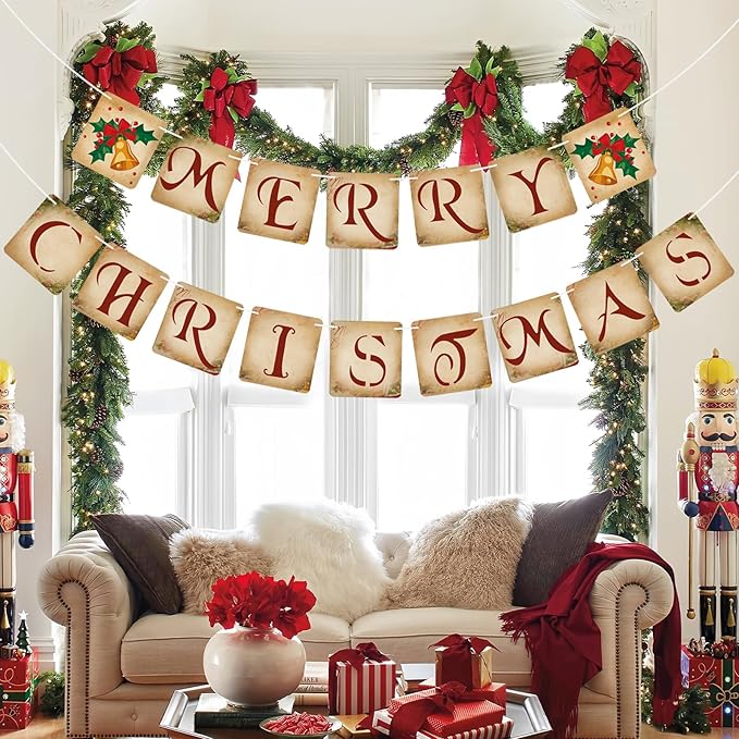 Vintage Merry Christmas Banner Decorations - Retro Nostalgic Traditional Old Fashioned Victorian Xmas Bunting Garland for Indoor/Outdoor Party Supplies, Home, Office, Classroom, Fireplace and More