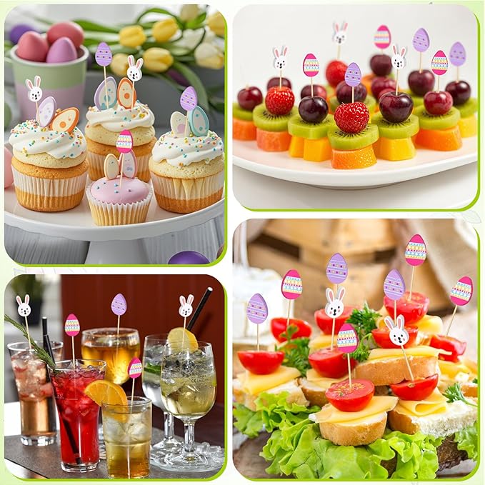 100 Pcs Easter Toothpicks, 4.72 Inch Easter Cocktail Picks for Appetizers, Long Bamboo Toothpicks, Decorative Toothpicks Skewers for Holiday Birthday Party Decorations (Easter Rabbit and Egg)