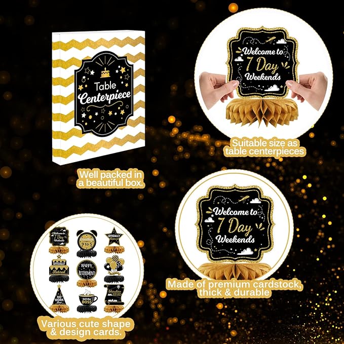 9PCS Retirement Party Decorations, Black and Gold Retirement Table Decorations, Retirement Centerpieces for Table, Retirement Decor for Retirement Party Men and Women