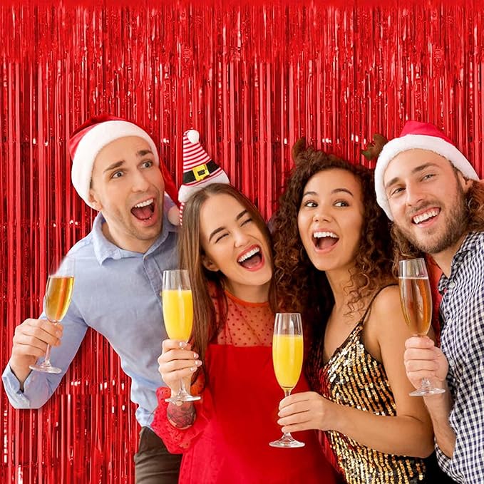 6 Pack Red Foil Fringe Curtains Backdrop, 3.28 x 9.8 Ft Metallic Streamers Tinsel Curtains Background for Photo Booth, Birthday, Halloween, Christmas, Thanksgiving, New Year Party Decorations