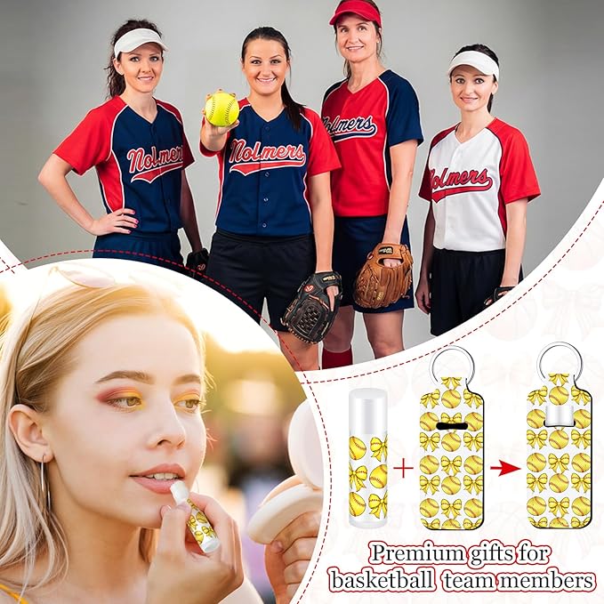 18 Sets Softball Bow Party Favors Lip Balm and Holder Keychain Bulk Softball Senior Night Party Supplies Goodie Bags Stuffers Sport Team Gifts Accessories for Sports Lovers Players Coach Guest