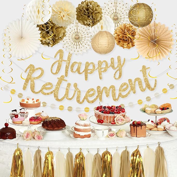Roetyce Retirement Party Decorations Women Men, Gold Glitter Happy Retirement Banner Paper Fans Pompoms Kit, Office Retired Party Supplies for Coworker Friend, Funny Legend Has Retired Photo Backdrop
