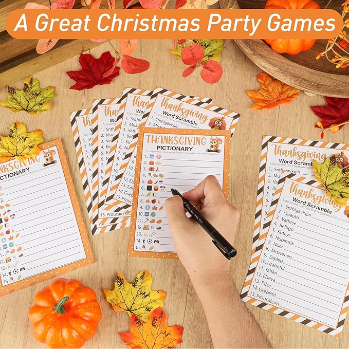 30 Players Thanksgiving Games for Family Party Adults Office Large Groups, Words Pictionary Game, Guesstures Games, Word Scramble Game Fall Classroom Activities with Answer Key (Thanksgiving A)