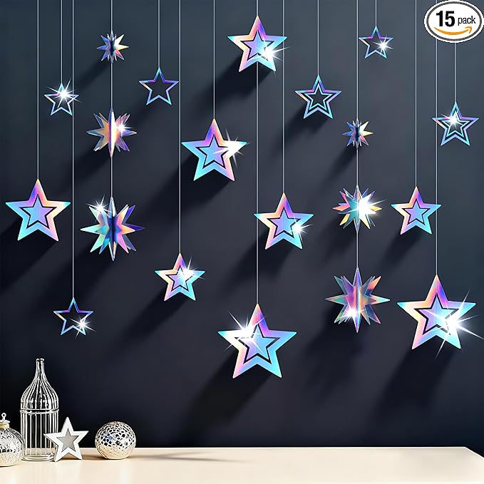 BTSD-home Iridescent Star Garland Decorations 14 Mixed 3D Twinkle Hanging Stars with 5.25FT Holographic Octagon Star Garland for Home School Ceiling Window Starry Space Birthday Party Decorations