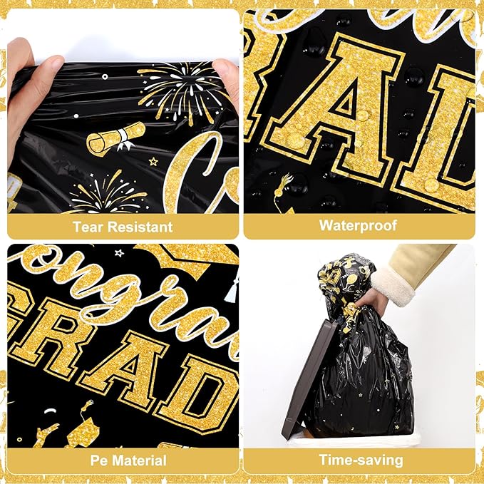3 Pack Plastic Graduation Tablecloth, Graduation Decorations Class of 2026 Disposable Rectangle Black and Gold Table Cover, 2026 Gongrats Grad Table Cloths for Graduation Party Decorations, 54x108