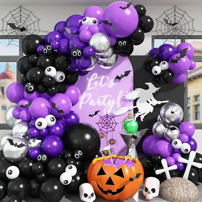 Purple Black Silver Balloon Arch, Metallic Silver Dark Purple Black Balloons Purple Black Party Balloon Garland Kit Black Purple Helium Balloon Kit for Graduation Birthday Halloween Party Decor
