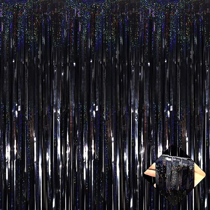 4 Pack 3.2Ft x 8.2Ft Black Foil Fringe Curtain Backdrop, Metallic Tinsel Foil Fringe Streamers Curtains Background for Photo Booth, Birthday, Wedding, Disco, Bachelorette, Christmas Party Decoration