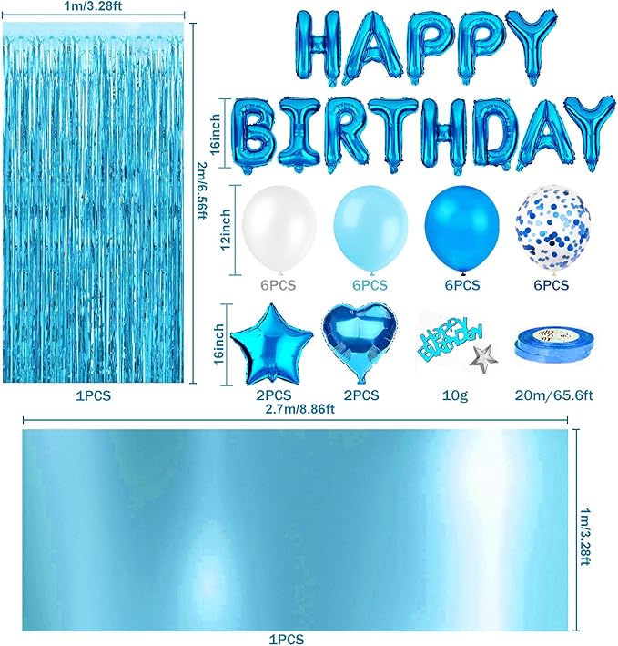 MOVINPE Blue Birthday Party Decoration, Happy Birthday Banner, Sky-Blue Fringe Curtain, Foil Tablecloth, Heart Star Foil Confetti Balloons, 10g Table Confetti for Girl Boy Kids Men Women Adults