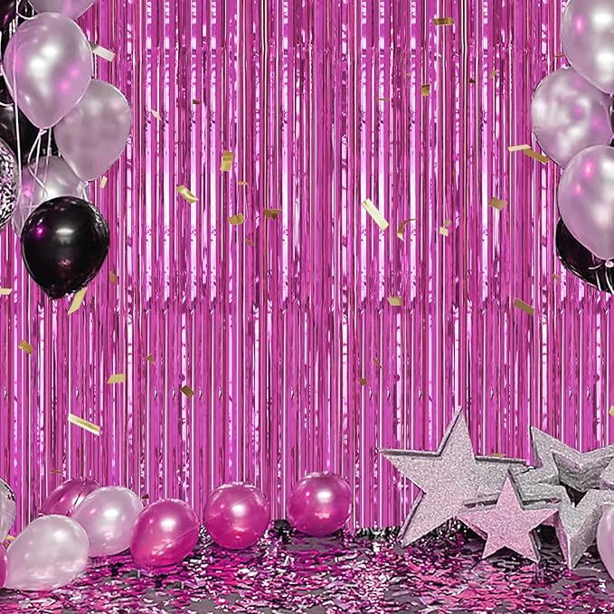 2 Pack Foil Fringe Backdrop - Hot Pink Shiny Tinsel Curtains for Party Decoration/Photo Booth Props - 3.3x6.6 FT Metallic Foil Backdrop for Birthday, Wedding, Graduation, Christmas.