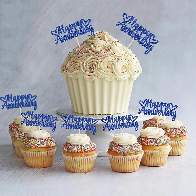 Gyufise 24Pcs Happy Anniversary Cupcake Toppers Glitter Anniversary Party Supplies Cake Decorations Wedding Celebration Party Decoration Supplies Blue