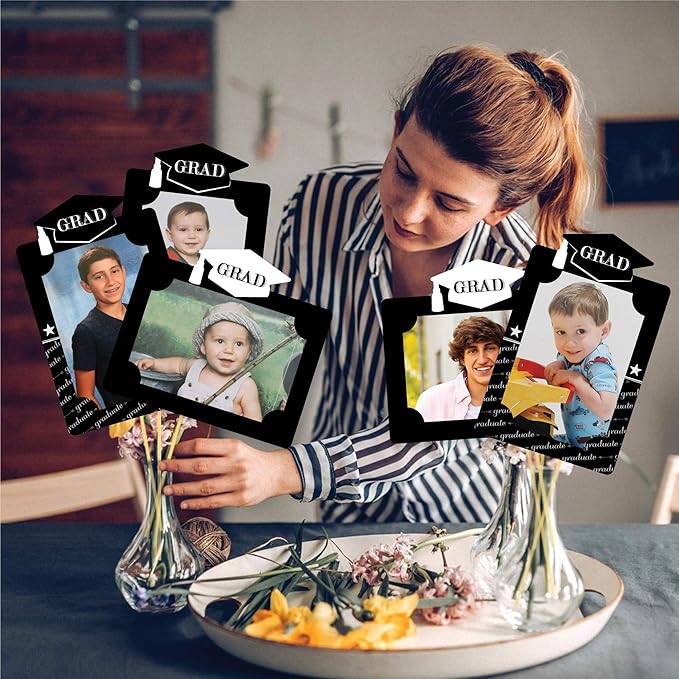 Black Graduation Party Decorations, Photo Display Centerpiece Kit - 15 Double-Sided Photo Table Topper Sticks, Vertical and Horizontal 4x6 Picture Holders - Graduation Cheers