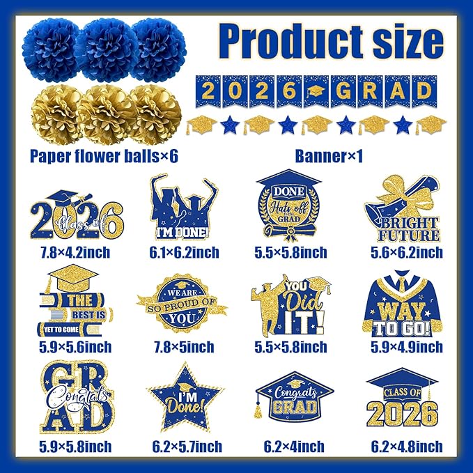 Blue and Gold Graduation Decorations 2026, 2026 Grad Banner and Congrats Grad Hanging Swirls, Blue Graduation Banner Graduations Hanging Swirls College Graduations Party Decorations Class of 2026