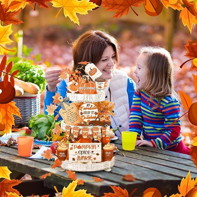 15 Pcs Thanksgiving Tiered Tray Decor Set Fall Thanksgiving Pumpkin Table Decor Drinking Coffee Rustic Farmhouse Pumpkin Truck Spice Blocks Autumn Wooden Sign Home Decorations