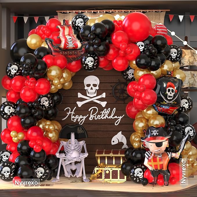 Pirate Birthday Party Decorations, 142Pcs Red Black Metallic Gold Balloon Garland Arch Kit with Pirate Ship Foil Mylar Balloon for Halloween Pirate Summer Sea Sailing Adventure Ocean Theme Party
