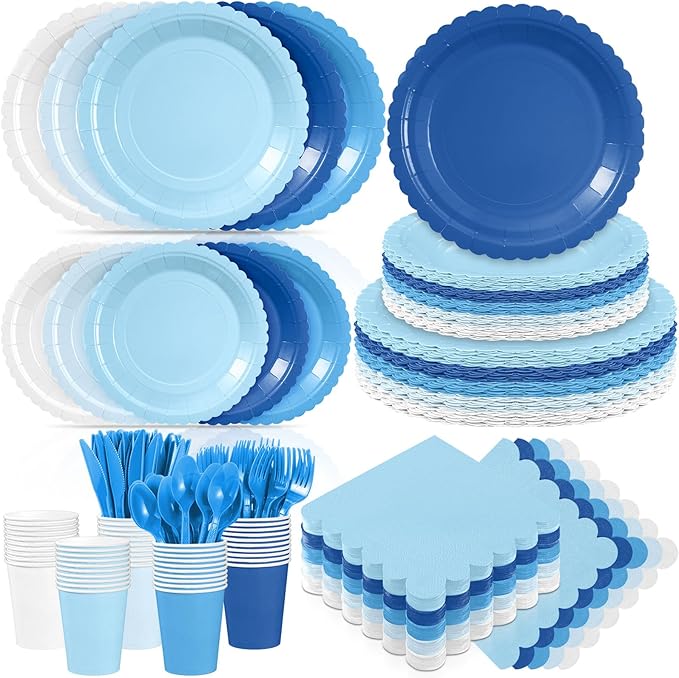 Zhehao 350 Pcs Blue Party Supplies Set Blue Disposable Tableware Kit with Plates, Cups, Napkins, Cutlery in Natural Earth Tones for Baby Shower, Birthday, Wedding Forest Events