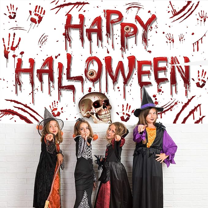 Red Happy Halloween Backdrop Banner Photography Background for Home Garden Outdoor Wall Terror Thriller Scary Themed Halloween Party Decorations Supplies 72.8 * 43.3in