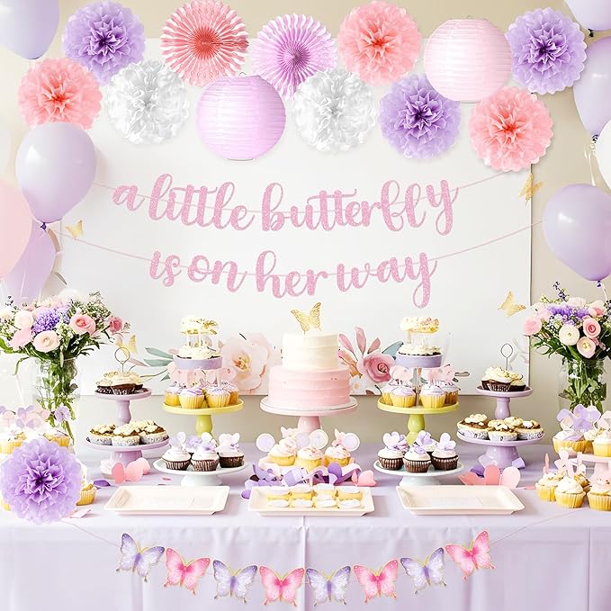 Kriyokiaa Butterfly Baby Shower Decorations for Girls 16 Pcs Baby Girl Shower Decorations with Butterfly Banners, Paper Pom Poms, Lantern, Fans Perfect for Indoor & Outdoor Celebrations