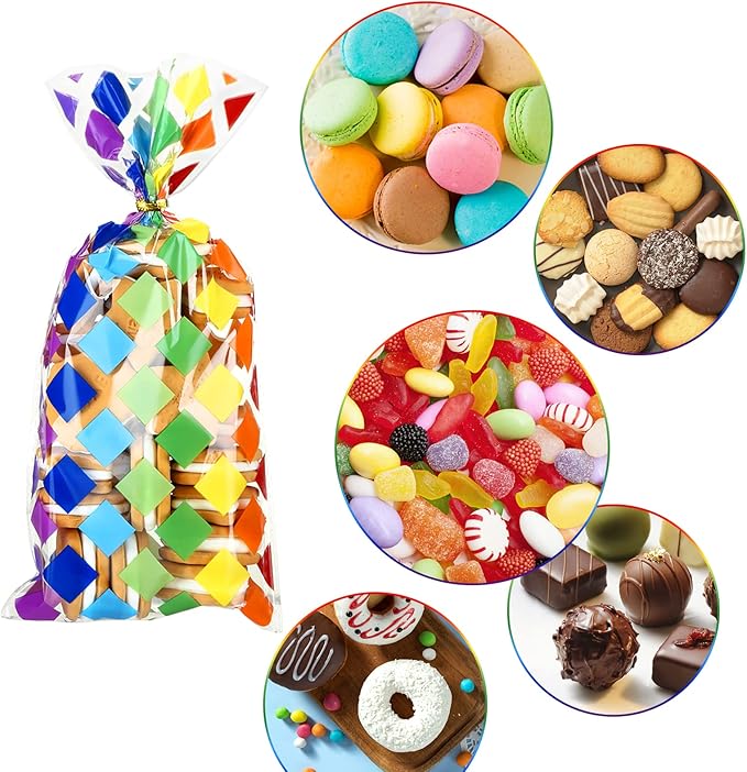 Kesote Rainbow Cellophane Treat Bags, 100 Pieces Printed Plastic Gift Goodie Candy Treat Bags with Ties for Summer Kids Birthday Party Favor Supplies