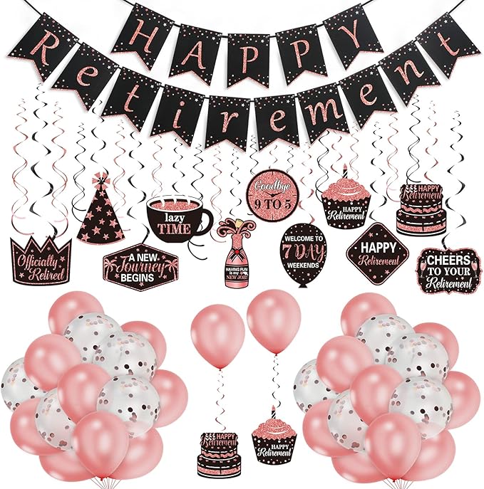 Tenare 44 Pcs Retirement Party Decorations Retirement Party Banner Balloons Confetti Hanging Swirls Decor Kit for Women Party Indoor Outdoor Supplies(Black and Rose Gold)