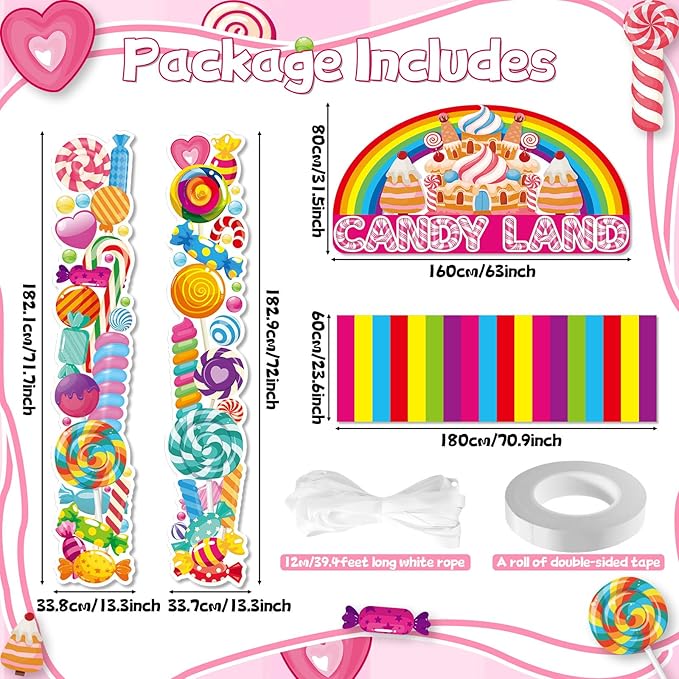 4Pcs Sweet Candyland Party Decorations Candy Door Covers Candyland Hanging Banner Backdrop Candy Land Store Porch Sign Colorful Runner Rug Background Photo Prop for Baby Shower Birthday Party Supplies
