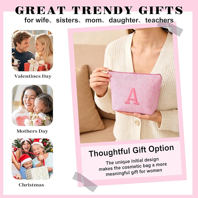 Travel Makeup Bag for Girls - Personalized Initial Pink Makeup Bag, Teen Girl Gifts Trendy Stuff, 6 7 8 9 10 11 12 Year Girl Birthday Gift, Christmas Gift for Girls Travel Essentials, Letter M