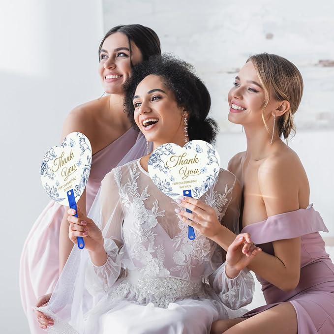 Aneco 120 Pieces Wedding Hand Plastic Fans with Wedding Table Sign Handheld Plastic Fan with Handle for Guests Bulk Wedding Hand Fans for Wedding Ceremony Bridal Shower, Blue Floral
