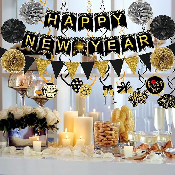 Famoby Happy New Year Banner Pom poms Triangle flag Swirls Garland Hanging Bunting for Happy New Year Party Decorations