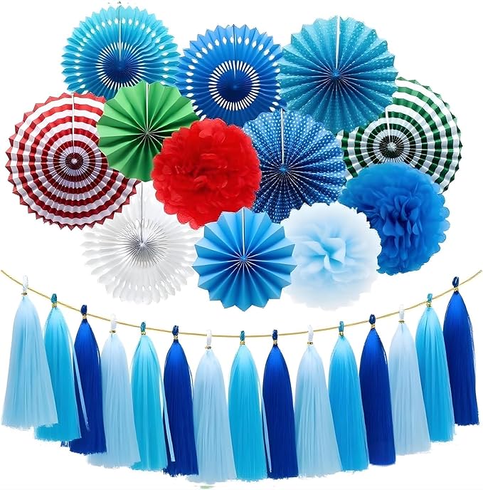 Blue Paper Tassel Garland Banner - Tri-Color Handmade Tassels for Party Decorations, Beach Wedding Backdrop, DIY Crafts (30-Pack)