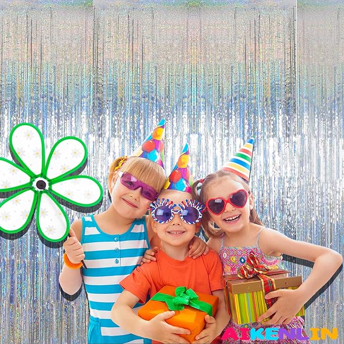4 Pack 3.2Ft x 8.2Ft Silver Foil Fringe Curtain Backdrop, Metallic Tinsel Foil Fringe Streamers Curtains Background for Photo Booth, Birthday, Wedding, Disco, Bachelorette, Christmas Party Decoration