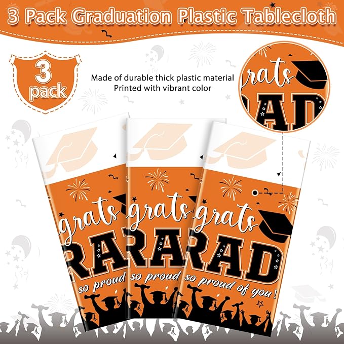 3 Pack Graduation Tablecloth Party Decorations, Class of 2026 Congrats Grad Plastic Tablecover Party Supplies, Orange Rectangle Graduation Table Decorations for College High School Party, 54 x 108Inch