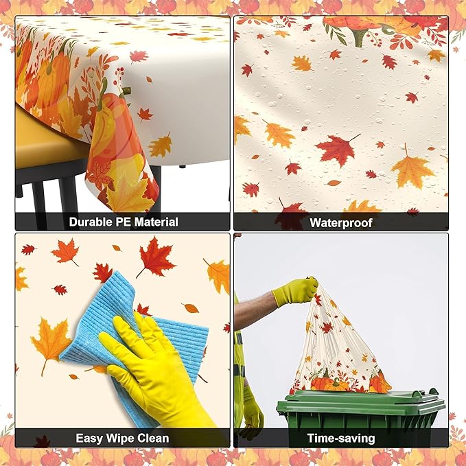 3 Pack Thanksgiving Disposable Tablecloths,54 x 108 Inch Thanksgiving Decorations,Give Thanks Table Cloth for Rectangular,Pumpkin Maple Tablecloths for Home,Party,Outdoor Picnic,Fall Theme,Baby Shower