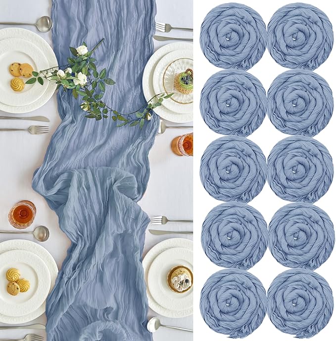 IVAPUPU 10 Pcs Cheesecloth Table Runner - 10ft Dusty Blue Easter Spring Boho Gauze Cheese Cloth Table Runners for Baby Shower Decoration Wedding Party Garden Farmhouse