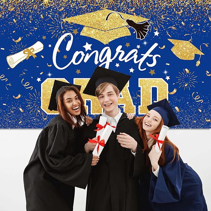 Graduation Party Decorations - Blue Gold Congrats Grad Class of 2026 Backdrop Banner Large Sign Wall Decorations Photography Background Party Supplies for 2026 Graduation Party Decorations