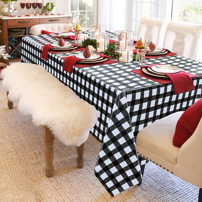4 Pack Buffalo Plaid Tablecloths - 54x108 Disposable Plastic Black and White Lumberjack Checkered Tablecloth for Party, Picnic, Camping, Barbecue, Christmas, Holiday Table Decor
