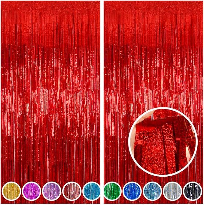 Red Tinsel Curtain Backdrop for Party Decorations - Sparkle Foil Tinsel Fringe Curtains Photo Backdrop Booth (3.2ft x 8ft, 2 Packs)