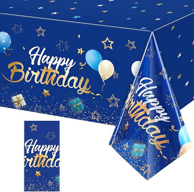 Tegeme Navy Blue Party Supplies Stars Happy Birthday Tablecloths Starry Confetti Table Covers for Kids Boys Girls Baby Shower Birthday Party Decorations (Navy Blue and Gold,1 Pack)