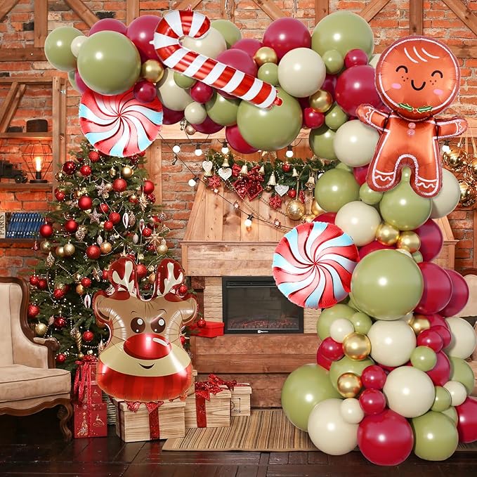 Christmas Balloon Garland Arch Kit, 103PCS Retro Green White Ruby Red Balloons Arch with Elk Head Candy Cane Foil Balloons, Gingerbread Man Windmill Foil Balloons for Christmas New Year Party Supply