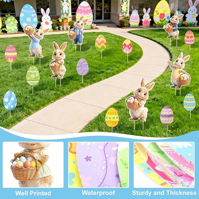 16 PCS Outdoor Easter Decorations, Easter Bunny and Eggs Yard Signs with Stakes, Waterproof Spring Garden Lawn Signs for Party Spring Garden Patio Holiday Display Supplies
