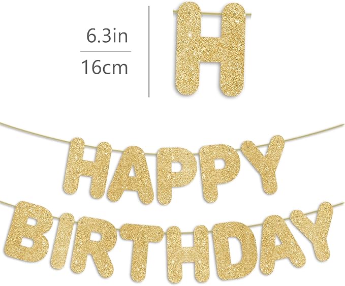 Pre-Strung Happy Birthday Banner Gold Glitter Banner, Golden 30th 40th 50th 60th 70th 80th Birthday Party Decorations & Decor for Women & Men & Boy & Girl, Happy Birthday Backdrop/Sign/Gift