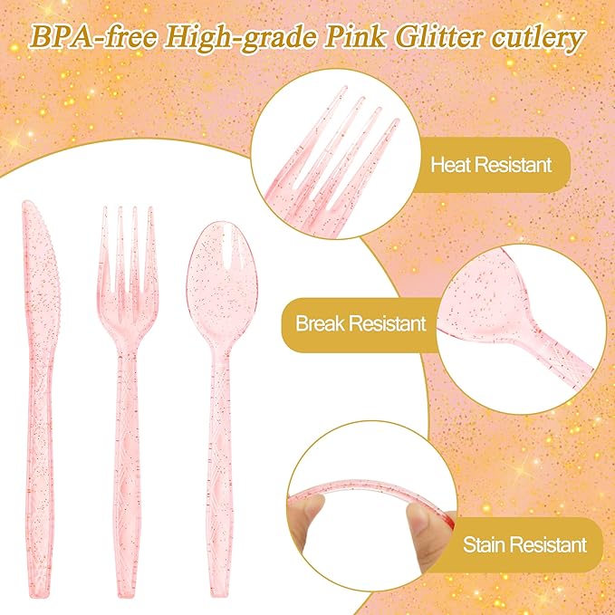 175 Pcs Pink and Gold Party Supplies, Serves 25 Pink Gold Foil Dot Disposable Dinner Tableware Set Gold Plastic Forks Spoons Knives Plates Napkins Cups Party Supplies for Birthday Wedding Graduation