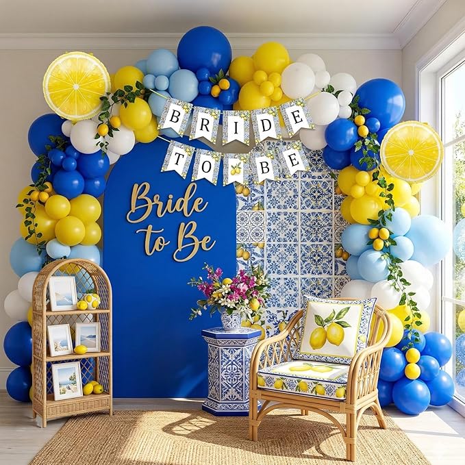 Lemon party decorations with Royal Blue Yellow White balloon arch kit Lemon foil balloons Banner Backdrop for bachelorette bridal shower capri italian amalfi coast wedding Bride to be decorations