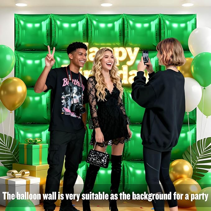 50Pcs Green Square Foil Balloons Wall Backdrop, Double Sided Metallic Foil Balloons Tunnel Arch Garland Kit for Photo Booth Birthday Wedding Halloween Christmas Party Decorations