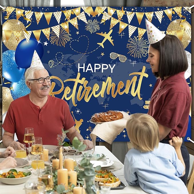 Mocsicka Happy Retirement Backdrop Pink Rose Gold Balloons Women Happy Retirement Banner Party Decorations Photo Booth Props (Blue Gold, 8x6ft)
