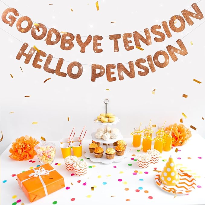 Retirement Banner Pre-Strung GOODBYE TENSION HELLO PENSION Banner Glitter Retirement Party Supplies Decorations for Women Men Office Home Decor (Brown)