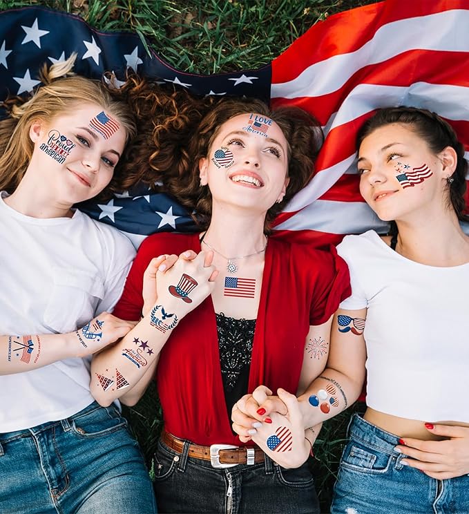 80PCS 4th of July Temporary Tattoos for Teenages & Adults, Patriotic Party Favors, USA Flag, Fireworks, Eagle, Statue of Liberty, Independence Day, Memorial Day, 4th of July Outfits for Women