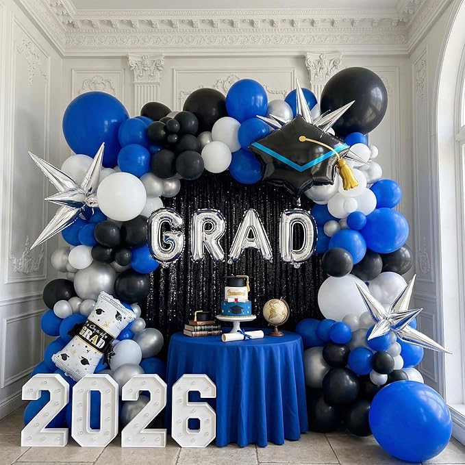 Royal blue and black white silver balloon kit 110PCS with graduation cap star letters Balloons for Congratulations Class of 2026 Graduation Party Decorations Grad Ceremony Prom Party Decorations