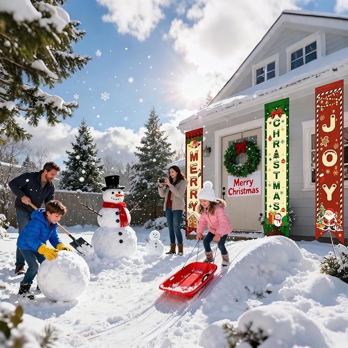 3PCS Christmas Party Decorations Merry Christmas Porch Banners Xmas Hanging Signs Holiday Wall Decor Rustic Farmhouse Xmas Porch Signs for Indoor Outdoor Photo Booth Backdrop Winter Party Supplies