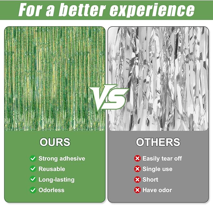 2 Pack Laser Green Foil Fringe Curtains Streamers Party Decorations 3.3 x 8.2 ft, Tinsel Curtain Fringe Backdrop for Parties, Door Fringe Birthday Streamers, Photo Booth Backdrops, Party Decor