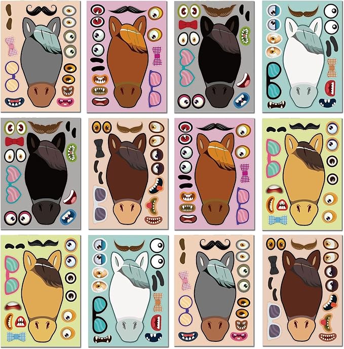 24pcs Horse Stickers Make a Face Stickers for Kids Horse Sticker Sheet for Boys Girls Children Farm Zoo Barnyard Themed Birthday Party Favors School Classroom Activity Game Rewards