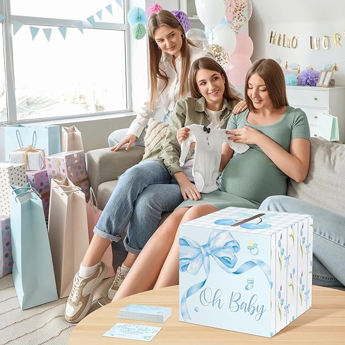 Funrous 51 Diaper Raffle Tickets with Box for Baby Shower Game Invitations Diaper Raffle Card for Gender Reveal Baby Shower Party Decoration Table Centerpiece(Blue Color)